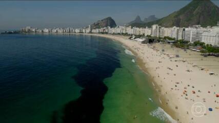 Banhistas interagindo com o cardume de manjubinhas em Copacabana