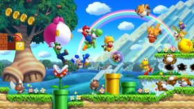 Mario e amigos em uma fase multiplayer do New Super Mario Bros. U Deluxe